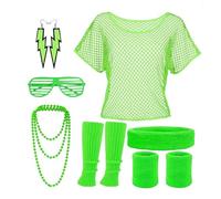 GWAWG Costume Années 90 Femme | Haut en Maille Rose Fluorescent | Set Rétro avec Collier, Bandaux & Lunettes | Tenue Fête 80s/90s pour Soirées Disco (Vert)