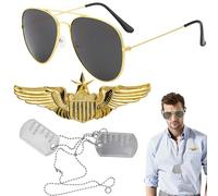 GWAWG Costume Top Gun pour Hommes, Ensemble Pilote 3 Pièces, Lunettes de Pilote, Insigne d'Ailes Doré, Costume Jour de la Victoire, Déguisement pour Halloween, Cosplay et Fêtes
