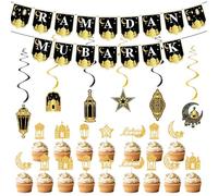 GWAWG Décorations Ramadan Mubarak, Set Ramadan Decorations avec Bannière, Lanternes Suspendues & Cake Toppers, Eid Mubarak Décorations Islamiques pour Maison, Fête Intérieure Extérieure