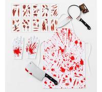 GWAWG Déguisement Boucher Halloween 5-en-1 Tablier Sanglant Halloween avec Faux Couteau, Serre-tête Tête Transpercée, Tatouages et Gants - Costume Homme Femme Fête, Carnaval, Cosplay Horreur