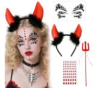 GWAWG Déguisement Diable Femme 4 Pièces - Serre-tête Cornes avec Strass Rouges, Tatouage Cicatrice Halloween, Baguette Magique, Accessoires Carnaval et Cosplay Femme Fille Adulte