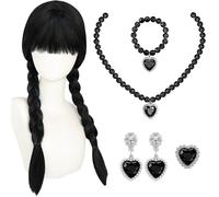 GWAWG Déguisement Halloween Vampire Fille et Femme, Costume Gothic Noir avec Perruque, Collier et Boucles d’oreilles, Tenue Sombre pour Carnaval, Cosplay, Fête Horreur