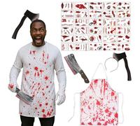 GWAWG Ensemble de boucher d'Halloween, accessoires pour cheveux d'horreur, tablier , accessoires de cicatrices d'Halloween avec tatouages de cicatrices de zombie, costume masculin adulte à la