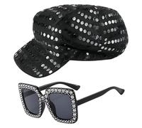 GWAWG Ensemble de lunettes de soleil à paillettes pour femme, accessoires disco des années 70, chapeau de costume rétro pop star, costume hippie vintage Diva pour anniversaire, Halloween, accessoire