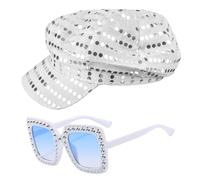 GWAWG Ensemble de lunettes de soleil à paillettes pour femme, accessoires disco des années 70, chapeau de costume rétro pop star, costume hippie vintage Diva pour anniversaire, Halloween, accessoire