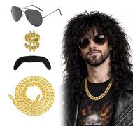 GWAWG Ensemble de Perruque Rocker Mulet Bouclée Noire Lunettes de Disco Années 80, Collier Chaîne Or Factice, Moustache, Bague HipHop Accessoires Punk Popstar pour Carnaval, Halloween Party