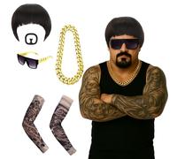 GWAWG Ensemble Déguisement Final Boss, Perruque Coupe au Bol, Bouc & Moustache, Lunettes de Soleil, Chaîne Dorée & Manches Tatouage, Tenue Cosplay Mème Années 90 Ibiza Drôle pour Halloween, Fest