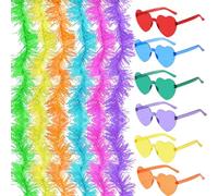GWAWG Lot de 12 boas en plumes avec lunettes de soleil sans monture Boas de Plumes de déguisement,Feather boa pour Femme pour Cosplay, Halloween, avec Lunettes de Soleil sans Monture en Forme de cœur