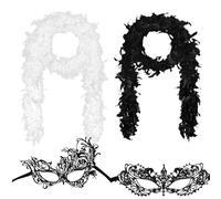 GWAWG Lot de 2 Boa Plume + 2 Masque Bal Masqué Dentelle, Noir & Blanc, Accessoire Femme Soirée Charleston, Carnaval, Halloween, Masque Vénitien Femme pour Déguisement Élégant