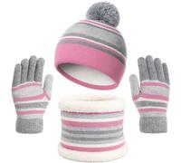 GWAWG Lot de 3 chapeaux et écharpes pour enfants - Bonnet d'hiver à pompons - Écharpe - Gants pour filles et garçons - Bonnet tricoté chaud - Chapeaux et gants pour enfants âgés de 5 à 12 ans - Sports