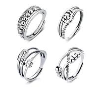 GWAWG Lot de 4 bagues anti-anxiété pour femmes, bagues anti-stress en argent avec perles, bague ouverte réglable pour adolescentes
