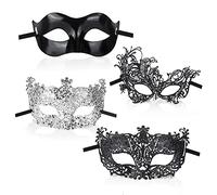 GWAWG Lot de 4 masques de bal masqué en filigrane noir et argenté en dentelle noire classique style zorro sexy accessoires pour hommes et femmes couples