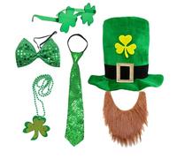 GWAWG Lot de 6 chapeaux haut-de-forme de leprechaun avec barbe roux, chapeau de la Saint-Patrick avec nœud papillon, cravate, lunettes de trèfle et collier, accessoires de la Saint-Patrick, chapeau