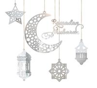GWAWG Lot de 6 Décorations du Ramadan Pendants Acryliques en Forme de Lune Croissante et Étoiles avec Corde de 10m pour Accrocher aux Murs aux Fenêtres aux Arbres (Silvery)