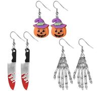 GWAWG Lot de Boucles d’Oreilles Halloween - Set de 3 Paires avec Couteau Ensanglanté, Citrouille et Main Squelette - Bijoux Effrayants pour Filles et Femmes, Cadeau et Accessoires Costume