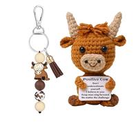 GWAWG Mini Funny Positive Highland Cow,Cow Keyring,Creative Cute Crochet Doll,Mini Funny Emotional Support Gift for Women Friends for Student (A)
