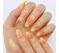 GWAWG Ongles Press On Fleurs 3D Style Île Tropicale French Tip, Ongles Courts Forme Amande, Faux Ongles Acryliques Jaune Rose Brillants, 24 Pièces avec Colle et Mini Lime à Ongles