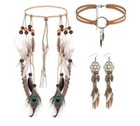 GWAWG Pack de 3 Ensemble de Bijoux Indiens Hippie Bandeau Plume Boho, Bohémien Boucles D'oreilles, Collier en Cuir Accessoires Parfaits pour Fêtes Carnavals Bijoux