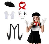 GWAWG Pantomime Costume de clown pour homme et femme - Style Pierrot - Avec béret noir, nœud papillon rouge, gants blancs, autocollants et bretelles - Pour carnaval, Halloween, cirque