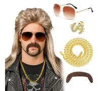 GWAWG Perruqu Mulet,Perruque Hommes Marron,Accessoire Annee 80 Doré Perruque Homme Lunettes Collier,Barbe,Déguisement année 70 années 80 Disco Rock Star pour Carnaval Halloween Cosplay