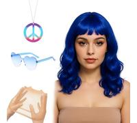 GWAWG Perruque Bleue Femme 4 Pièces - Perruque Courte Bob, Lunettes Cœur, Filet à Perruque, Collier Peace | Accessoires Déguisement Carnaval, Soirée 80s, Halloween, Cosplay, Fête