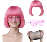 GWAWG Perruque Bob Rose Pêche et Ensemble de Lunettes de Soleil Partyrama, Neon Short Bob Wig Lunettes de Soleil Pack Costume Coloré Cosplay Perruque Coupe au Carré Classique (Rose)