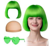 GWAWG Perruque Bob Rose Pêche et Ensemble de Lunettes de Soleil Partyrama, Neon Short Bob Wig Lunettes de soleil Pack Costume Coloré Cosplay Perruque Coupe au Carré Classique (Vert)