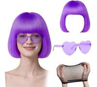 GWAWG Perruque Bob Rose Pêche et Ensemble de Lunettes de Soleil Partyrama, Neon Short Bob Wig Lunettes de Soleil Pack Costume Coloré Cosplay Perruque Coupe au Carré Classique (Violet)