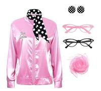 GWAWG Pink Ladies Jacket Grease Fancy Dress Women,Lady Jackets Adults with 1950s Accessories,50s Ladys Pink Satin Jacket for for Women Halloween Christmas Carnival, 80s Party (Ladies, L)