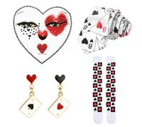 GWAWG Robe de Dame Reine du Cœur 4 Pièces - Cravate en Cartes à Jouer, Bas qui montent au-dessus des genoux, Boucles d'oreilles & Tatouage facial, Costume Casino Las Vegas pour Carnaval