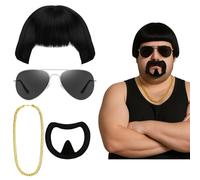 GWAWG Set de Costume de Boss Final, Kit de Déguisement Amusant : Perruque à Carré, Goatee, Lunettes de Soleil, Chaîne en Or, Tenue de Cosplay Ibiza pour Halloween, Fêtes