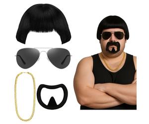 GWAWG Set de Costume de Boss Final, Kit de Déguisement Amusant : Perruque à Carré, Goatee, Lunettes de Soleil, Chaîne en Or, Tenue de Cosplay Ibiza pour Halloween, Fêtes