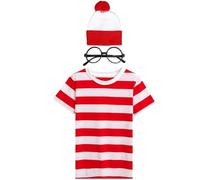 GWAWG Wheres Wally Costume Kids - T-shirt rayé rouge blanc unisex + chapeau + lunettes, costume de la Journée mondiale du livre pour les garçons et les filles (120/130/140cm)