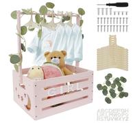 GWCYMYD Armoire de fête prénatale, panier en bois avec 10 cintres et guirlande verte, caisse de rangement avec poignée, porte-vêtements en bois pour nouveau-né, fille, garçon, grossesse, cadeau de