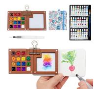 GWCYMYD Kit de voyage aquarelle de poche en bois - Mini aquarelle - 15 compartiments - 24 couleurs - Mini kit de peinture avec clip - Carnet de croquis - Palette pour peintres, artistes, étudiants