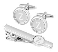 GWD Ensemble de boutons de manchette et pince à cravate en acier inoxydable avec initiale argentée pour homme - Cadeau pour père, mari, 18mm, Acier inoxydable, Pas de gemme