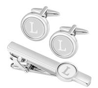 GWD Ensemble de boutons de manchette et pince à cravate en acier inoxydable avec initiale argentée pour homme - Cadeau pour père, mari, 18mm, Acier inoxydable, Pas de gemme