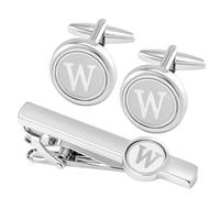 GWD Ensemble de boutons de manchette et pince à cravate en acier inoxydable avec initiale argentée pour homme - Cadeau pour père, mari, 18mm, Acier inoxydable, Pas de gemme