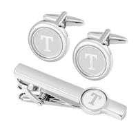 GWD Ensemble de boutons de manchette et pince à cravate en acier inoxydable avec initiale argentée pour homme - Boutons de manchette personnalisés avec lettre de l'alphabet de A à Z - Cadeau pour père, mari, 18mm, Acier inoxydable, Sans pierre précieuse