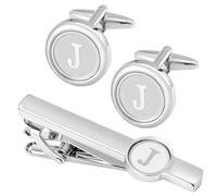 GWD Ensemble de boutons de manchette et pince à cravate en acier inoxydable avec initiale argentée pour homme - Cadeau pour père, mari, 18mm, Acier inoxydable, Pas de gemme