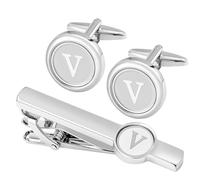 GWD Ensemble de boutons de manchette et pince à cravate en acier inoxydable avec initiale argentée pour homme - Cadeau pour père, mari, 18mm, Acier inoxydable, Pas de gemme