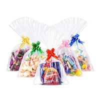 GWHOLE 120 Sacs à Bonbons Pochette Sachet Transparents Chocolat Biscuit Sacs de Cadeaux Noël 16x26 cm avec Mix Couleurs Rubans nœuds