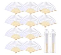 GWHOLE Eventail Mariage Blanc Lot de 12 Éventail Pliant en Papier et Bambou avec 12 Sacs en Organza Cadeau Invité Décoration Baptême et Fête Personnalisable DIY (21 cm)
