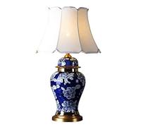 GWJKG Blue and White Ceramic Brass Base Bedside Nightstand Lamp with Fabric Shade Bedroom Table Lamps for Living Room (Color : Remote Control Switch, Si