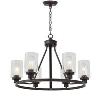 GWJKG Chandelier de Roue de Ferme Noir, 6 lumières Wagon Wheel Chandelier, Grand Pendentif Industriel avec Abat-Jour en Verre Transparent, d'éclairage
