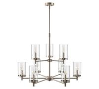 GWJKG Farmhouse Chandelier à 2 Niveaux à 9-Light Sand Nickel Brossé Éclairage Pendentif avec Une Nuance en Verre Transparent Cougie Contemporain Pendre Pendant pour Le Salon Chambre de Foyer E12