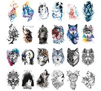 Gwolf 24 pcs loup tatouage temporaire, personnalité loup tatouage autocollants nouvelle protection de lenvironnement étanche fleur bras tatouage autocollants réaliste 3D motif animal tatouage papier