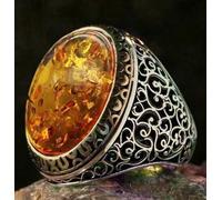 GWSGSFAS Bague Homme rétro en Argent sculpté avec émeraude Naturelle et Totem Ancien - Ambre - 13