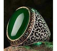GWSGSFAS Bague Homme rétro en Argent sculpté avec émeraude Naturelle et Totem - Vert - 10