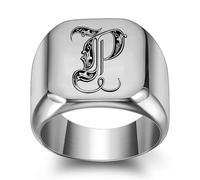 GWSGSFAS Bague tendance en acier titane avec 26 lettres anglaises pour homme Style rétro punk carré lisse 18 mm, 11, Métal, Zircone cubique